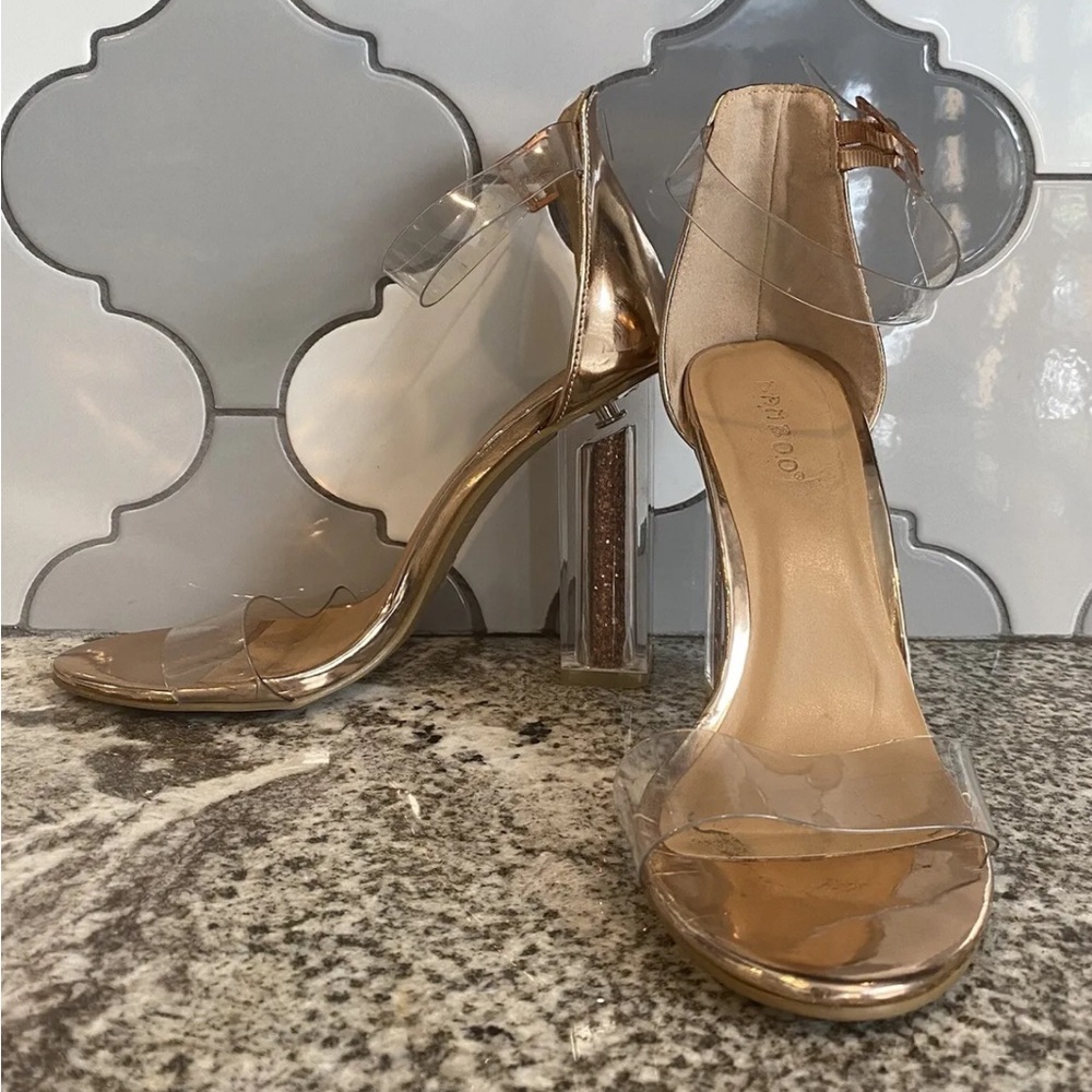Clear Strap Rose Gold Block Heel Sandals - Women's